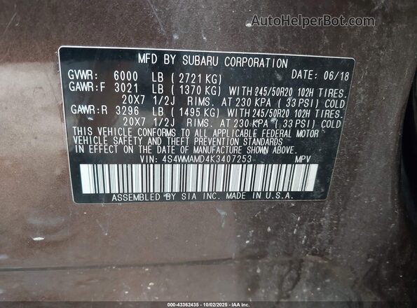 4S4WMAMD4K3407253 2019 SUBARU ASCENT Dark Brown Вид подкапотного пространства