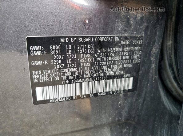 4S4WMAMD4L3410400 2020 SUBARU ASCENT Charcoal Widok naklejki z numerem VIN
