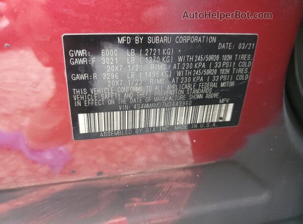 4S4WMAMD7M3443960 2021 SUBARU ASCENT Red Вид наклейки з VIN-кодом