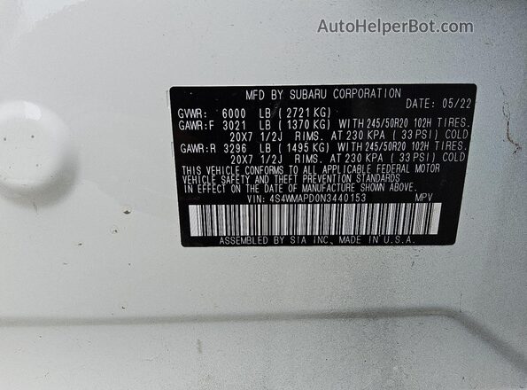 4S4WMAPD0N3440153 2022 SUBARU ASCENT White Вид наклейки з VIN-кодом