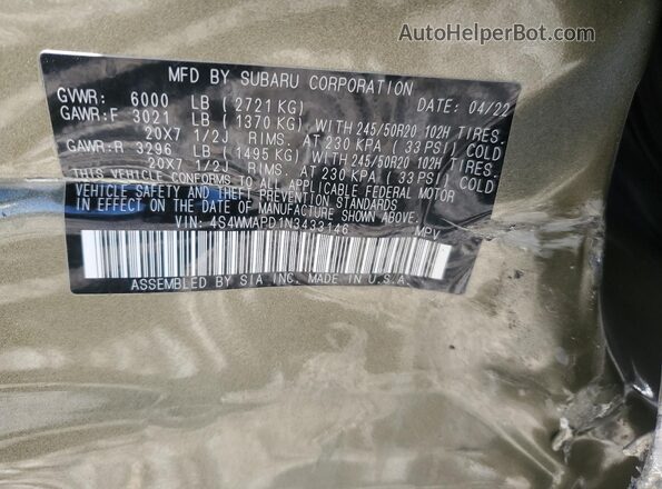 4S4WMAPD1N3433146 2022 SUBARU ASCENT Green Widok naklejki z numerem VIN