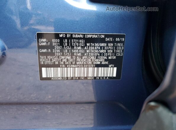 4S4WMAPD2L3413291 2020 SUBARU ASCENT Blue VIN կոդի պիտակի տեսք