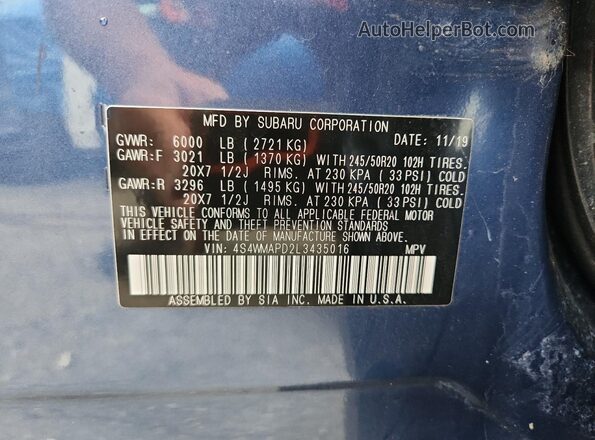 4S4WMAPD2L3435016 2020 SUBARU ASCENT Синий Вид наклейки с VIN-кодом