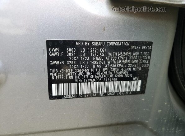 4S4WMAPD5L3476708 2020 SUBARU ASCENT Silver VIN կոդի պիտակի տեսք