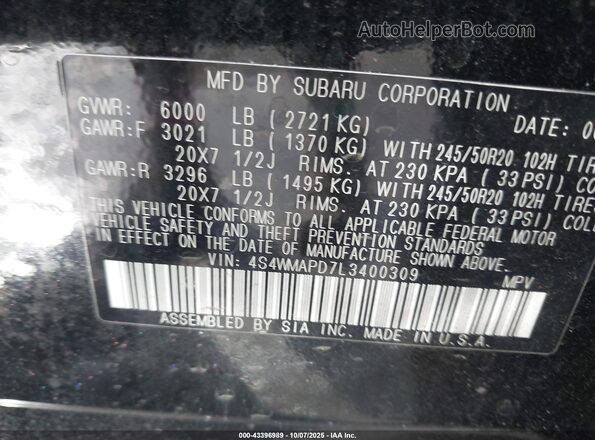 4S4WMAPD7L3400309 2020 SUBARU ASCENT Black Engine compartment view
