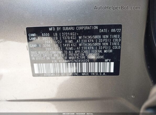 4S4WMAPD7N3456026 2022 SUBARU ASCENT Brown Engine compartment view