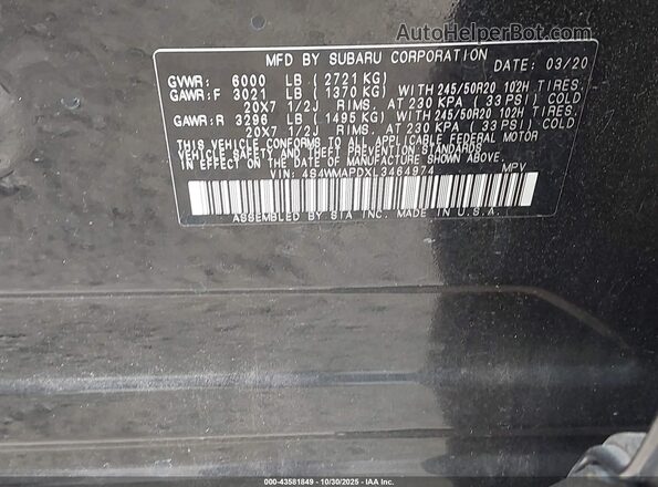4S4WMAPDXL3464974 2020 SUBARU ASCENT Черный Вид подкапотного пространства