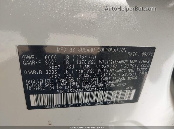 4S4WMAPDXM3473773 2021 SUBARU ASCENT White Շարժիչի բաժամունքի տեսք