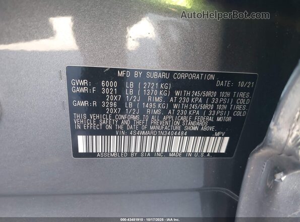 4S4WMARD1N3404484 2022 SUBARU ASCENT Серый Вид подкапотного пространства