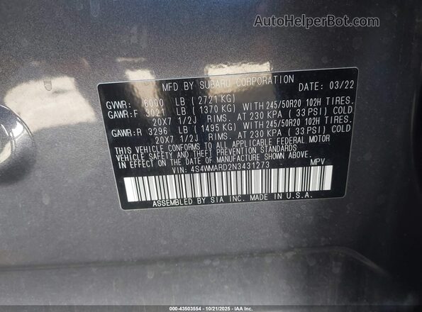 4S4WMARD2N3431273 2022 SUBARU ASCENT Синий Вид подкапотного пространства