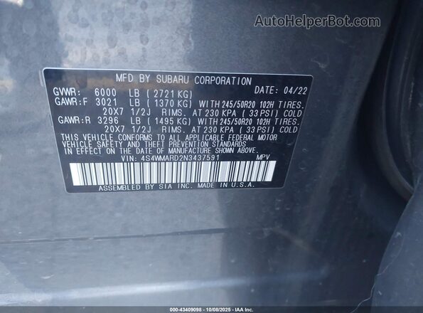 4S4WMARD2N3437591 2022 SUBARU ASCENT Gray Вид підкапотного простору