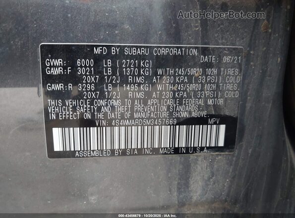 4S4WMARD5M3457669 2021 SUBARU ASCENT Gray 