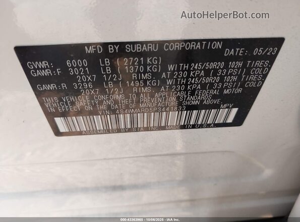 4S4WMARD5P3441833 2023 SUBARU ASCENT White Widok komory silnika
