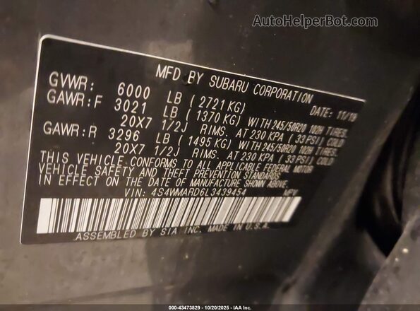 4S4WMARD6L3439454 2020 SUBARU ASCENT Gray Շարժիչի բաժամունքի տեսք