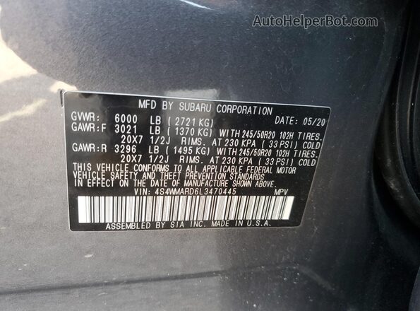 4S4WMARD6L3470445 2020 SUBARU ASCENT Серый Вид наклейки с VIN-кодом