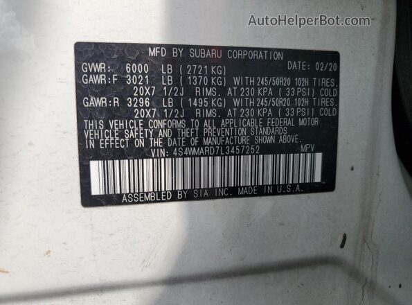 4S4WMARD7L3457252 2020 SUBARU ASCENT White VIN կոդի պիտակի տեսք