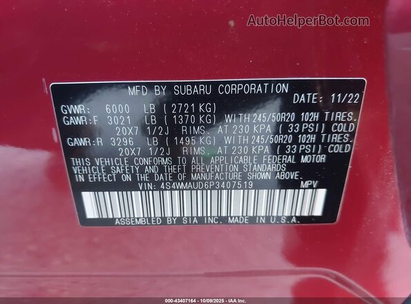 4S4WMAUD6P3407519 2023 SUBARU ASCENT Red Вид підкапотного простору
