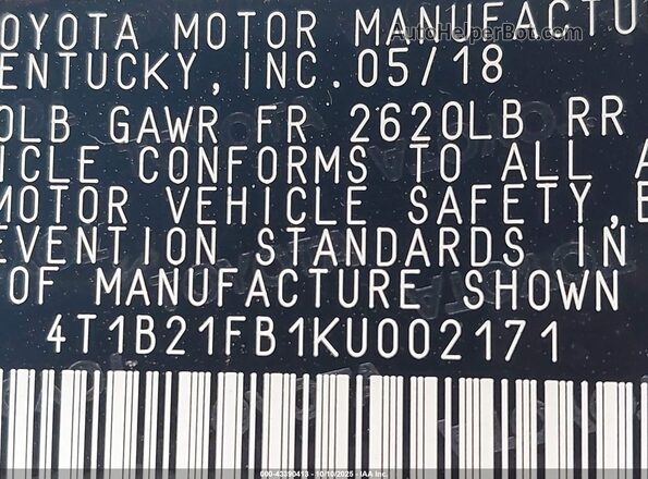 4T1B21FB1KU002171 2019 TOYOTA LIMITED Burgundy 