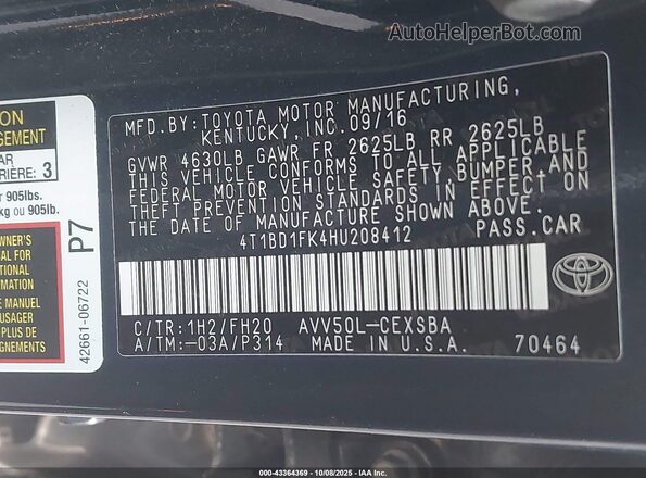4T1BD1FK4HU208412 2017 TOYOTA CAMRY HYBRID Dark Brown 