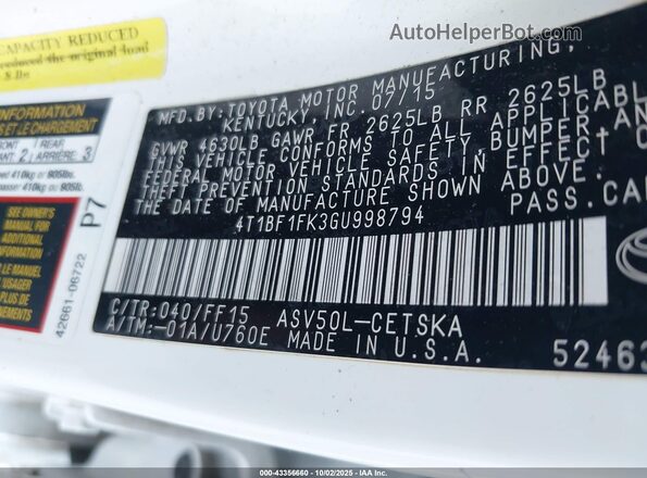 4T1BF1FK3GU998794 2016 TOYOTA CAMRY White 