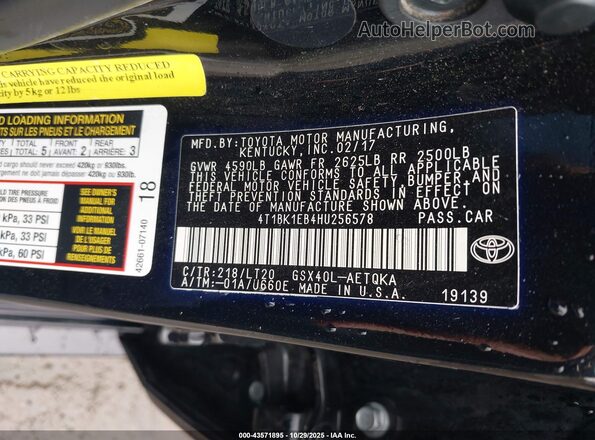 4T1BK1EB4HU256578 2017 TOYOTA AVALON Black Widok komory silnika