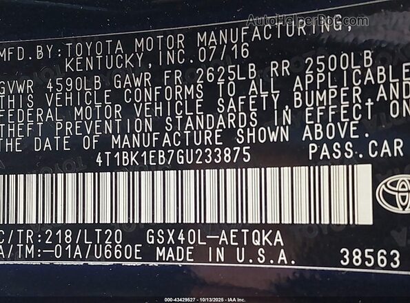 4T1BK1EB7GU233875 2016 TOYOTA AVALON Black ძრავის განყოფილების ხედი