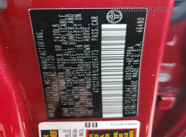 4T1CZ1FB1LU054773 2020 TOYOTA LIMITED Красный Вид наклейки с VIN-кодом