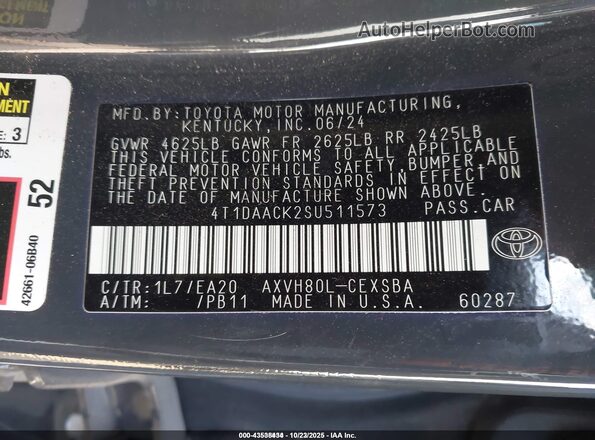 4T1DAACK2SU511573 2025 TOYOTA CAMRY Gray Вид підкапотного простору
