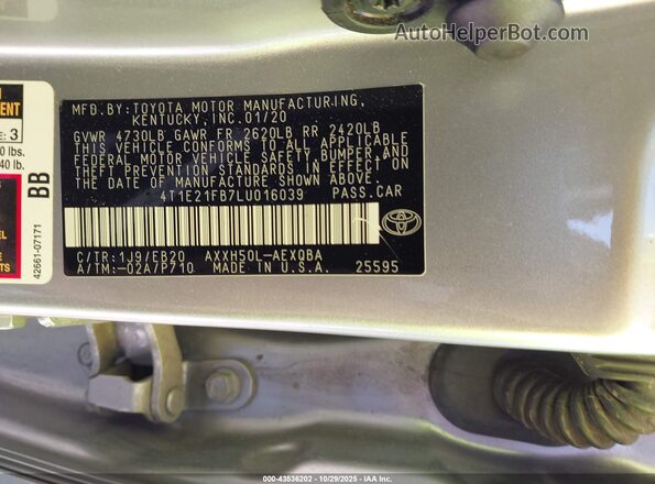 4T1E21FB7LU016039 2020 TOYOTA AVALON HYBRID Silver ძრავის განყოფილების ხედი