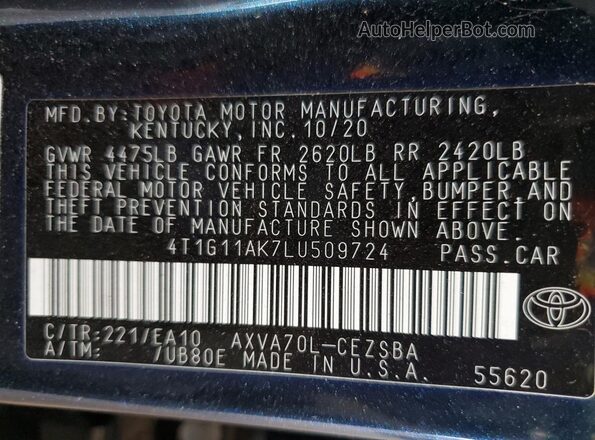 4T1G11AK7LU509724 2020 TOYOTA CAMRY Blue Вид підкапотного простору
