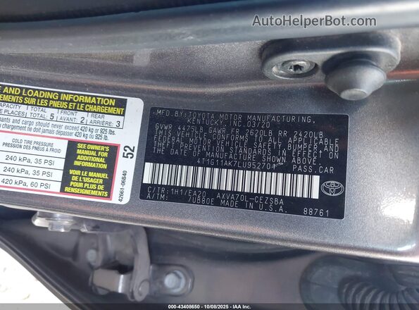 4T1G11AK7LU952701 2020 TOYOTA CAMRY Серый Вид подкапотного пространства