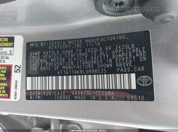 4T1G11AK8LU898535 2020 TOYOTA CAMRY Silver Widok komory silnika