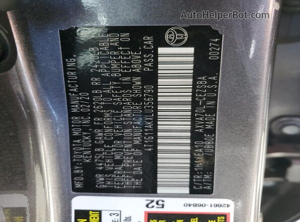 4T1G11AKXLU356790 2020 TOYOTA CAMRY Charcoal VIN კოდის სტიკერის ხედი