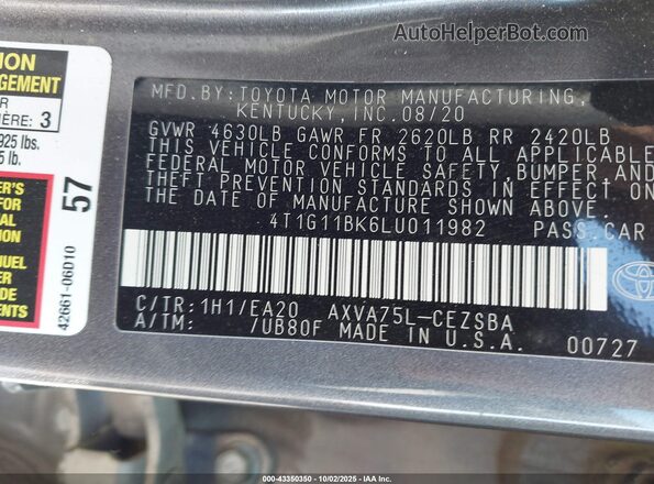 4T1G11BK6LU011982 2020 TOYOTA CAMRY Gray Շարժիչի բաժամունքի տեսք