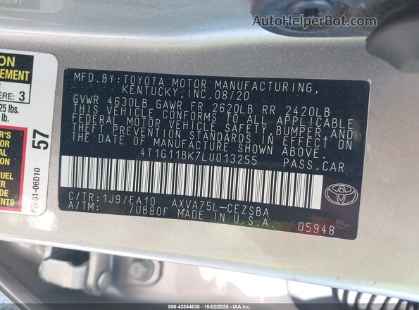 4T1G11BK7LU013255 2020 TOYOTA CAMRY Silver Vista del compartimento del motor