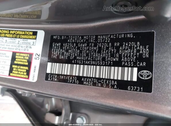 4T1G31AK9NU593171 2022 TOYOTA CAMRY Серый Вид подкапотного пространства