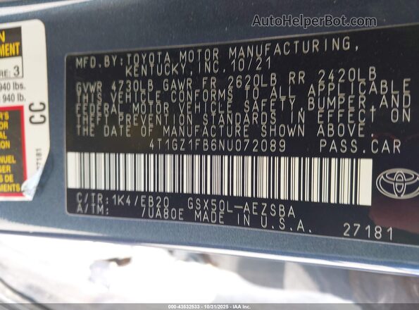 4T1GZ1FB6NU072089 2022 TOYOTA AVALON Gray Engine compartment view