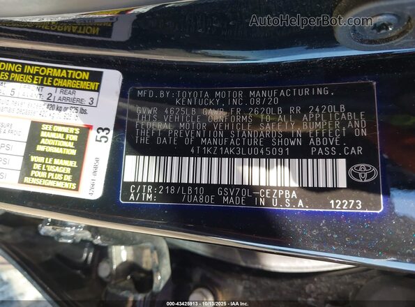 4T1KZ1AK3LU045091 2020 TOYOTA CAMRY Black Vista del compartimento del motor