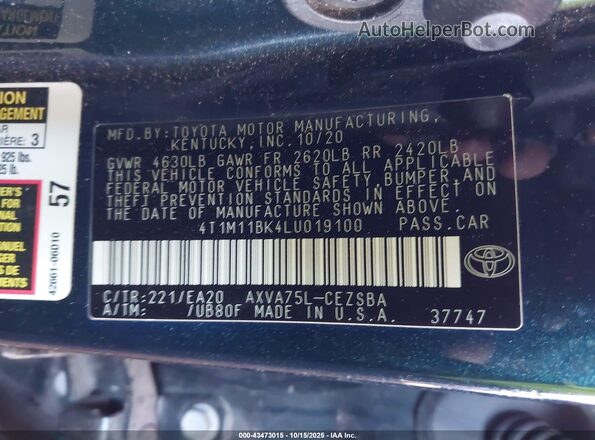 4T1M11BK4LU019100 2020 TOYOTA CAMRY Black Vista del compartimento del motor
