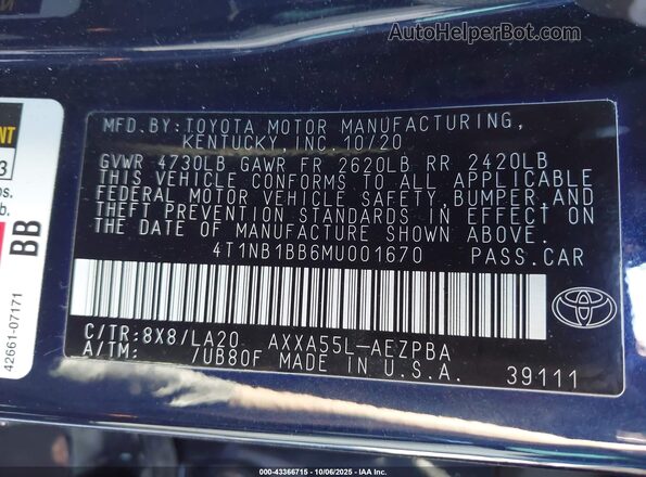 4T1NB1BB6MU001670 2021 TOYOTA LIMITED Blue Engine compartment view