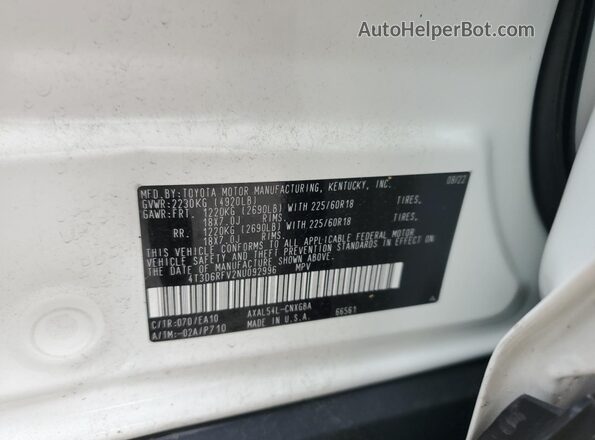 4T3D6RFV2NU092996 2022 TOYOTA LIMITED White VIN კოდის სტიკერის ხედი
