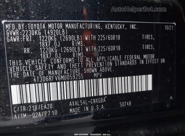 4T3D6RFV6MU059255 2021 TOYOTA LIMITED Black ძრავის განყოფილების ხედი