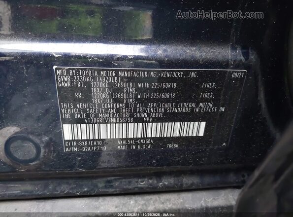 4T3D6RFV7MU056798 2021 TOYOTA LIMITED Blue Vista del compartimento del motor