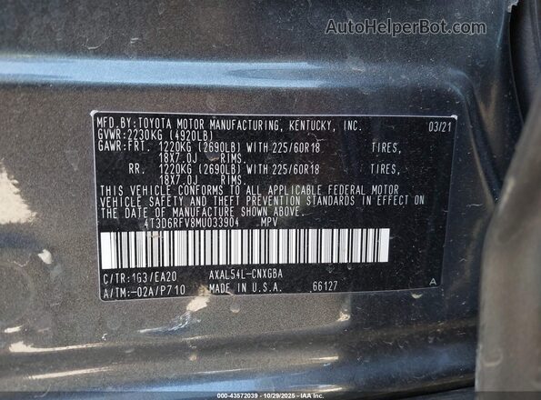 4T3D6RFV8MU033904 2021 TOYOTA LIMITED Gray Вид підкапотного простору
