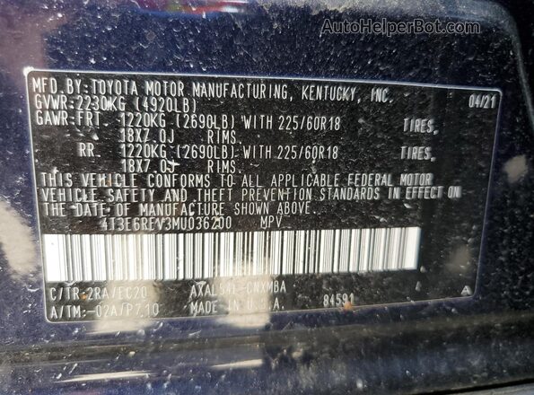 4T3E6RFV3MU036200 2021 TOYOTA RAV4 Blue VIN sticker view