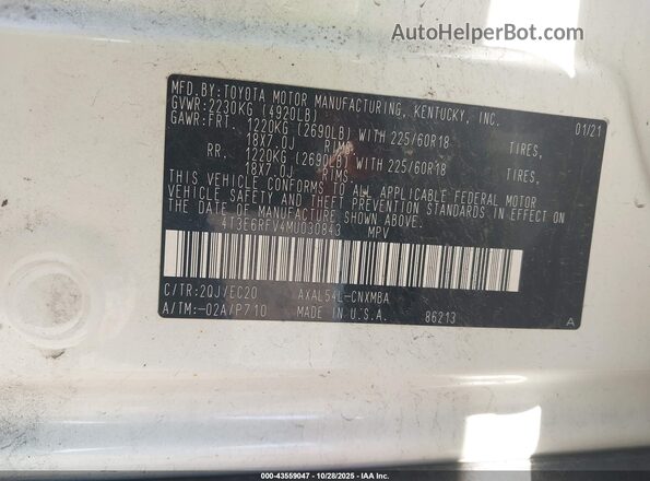 4T3E6RFV4MU030843 2021 TOYOTA RAV4 HYBRID Белый Вид подкапотного пространства