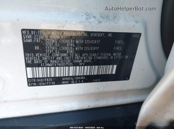 4T3MWRFV1NU057995 2022 TOYOTA LE White ძრავის განყოფილების ხედი
