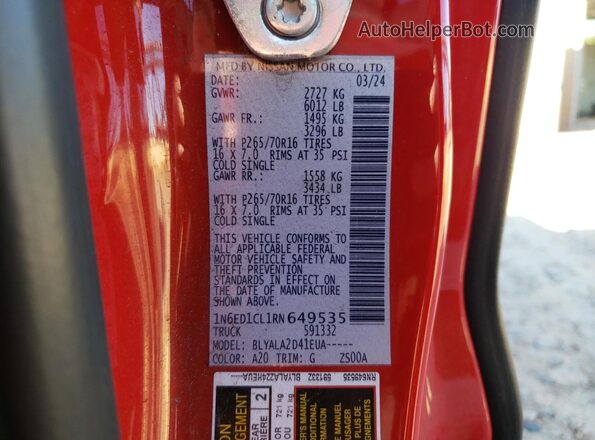 1N6ED1CL1RN649535 2024 NISSAN FRONTIER Red Widok wnętrza 360 stopni