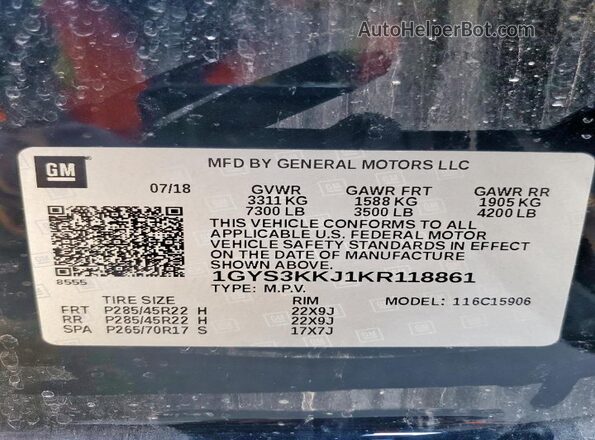 1GYS3KKJ1KR118861 2019 CADILLAC ESCALADE Черный Панорамный вид салона 360°