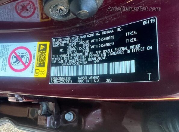 5TDJGRFHXKS071207 2019 TOYOTA HIGHLANDER HYBRID Бордовый 